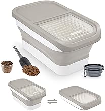 Food Container for Dogs/Cats 5 kg - Foldable Storage Box with Spoon and Measuring Cup, Foldable Dog Bowl, Grey, Airtight Bucket for Pet Food and Treats