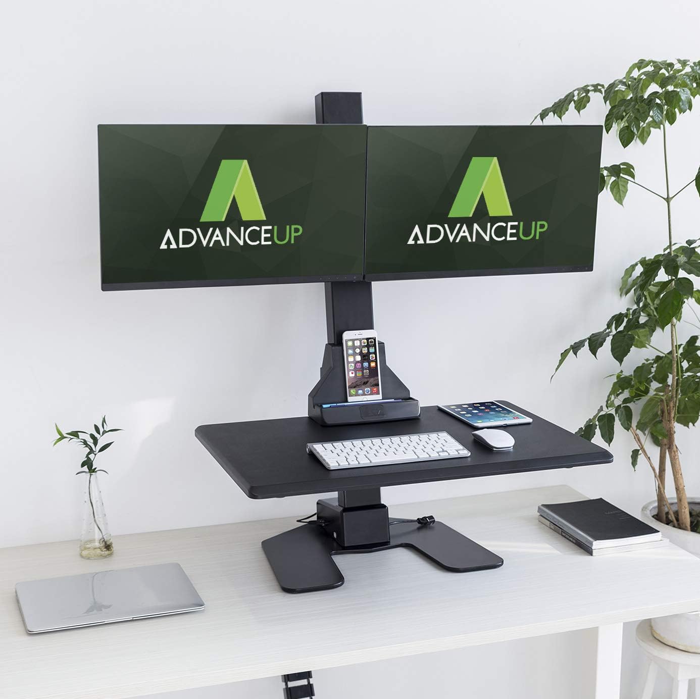 Electric Ergonomic Standing Desk Converter Riser, Motorized Height Adjustable Stand Up Computer Station, 44lbs Capacity with Dual Swilvel Monitor Mount, Black, Standard