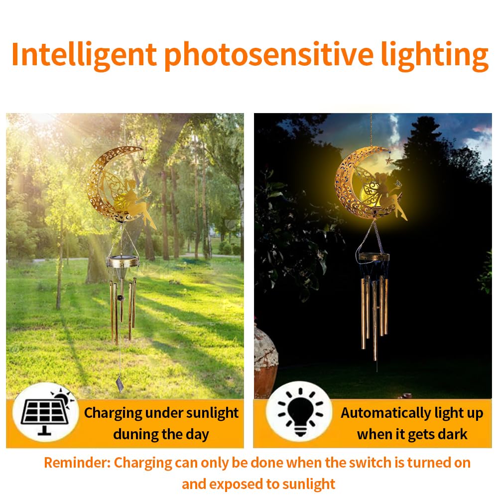 Carino solare alimentato luna fiore fata vento campana luce decorativa, ferro arte fata vento campana, un regalo portatile a LED luce decorativa all'aperto per gli amici.