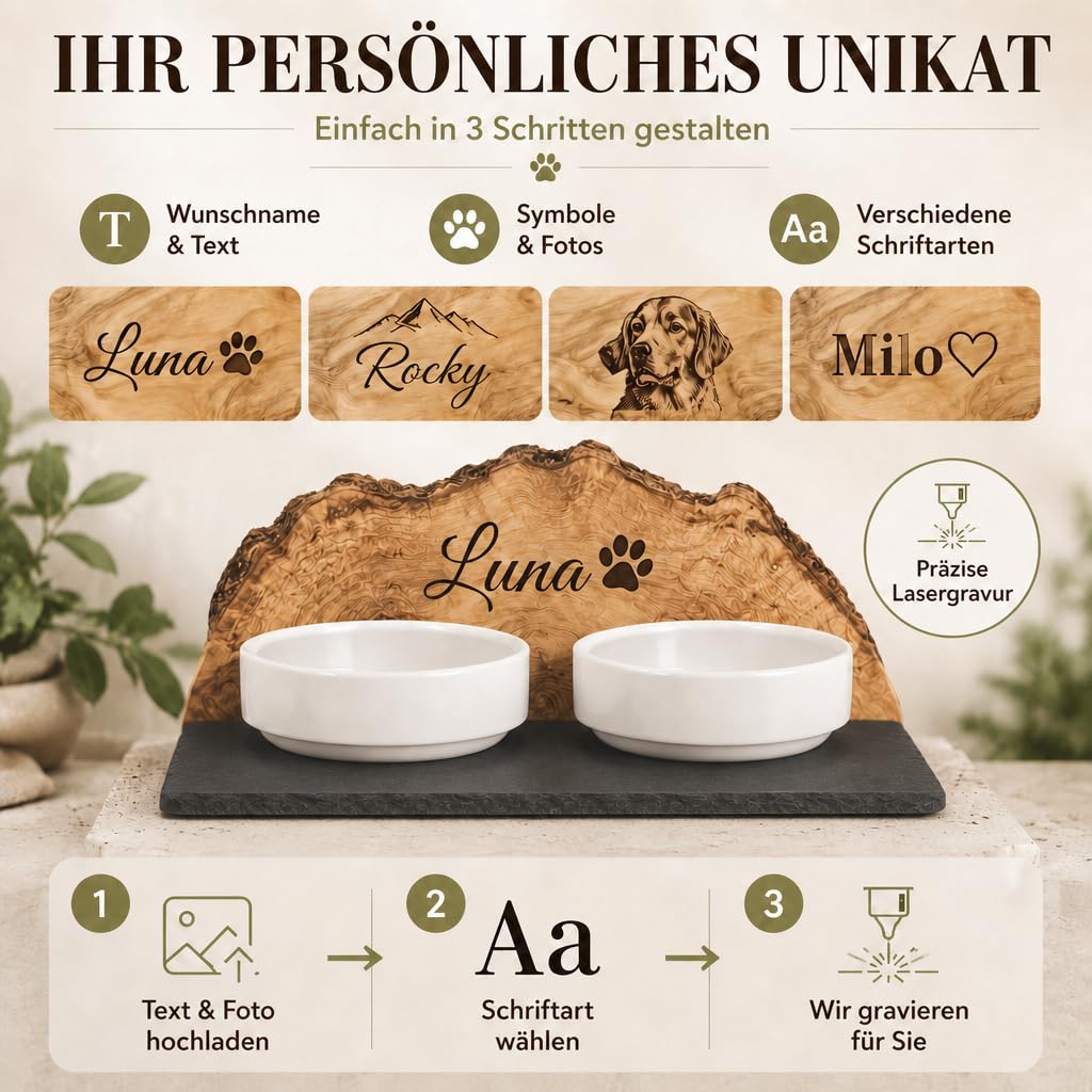 Futterstation personalisiert, Olivenholz - Futterbar mit Gravur und 2 Fressnäpfen für Katzen und Hunde