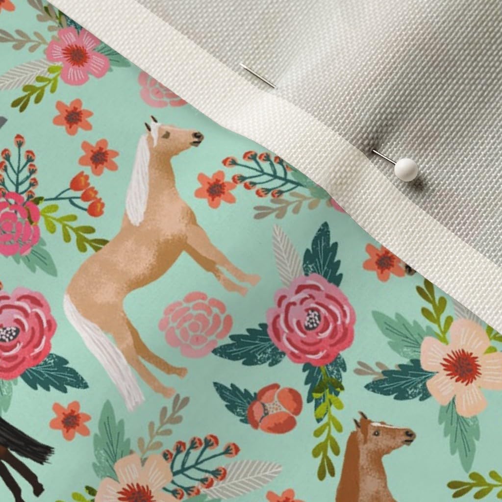 Spoonflower Fabric - Horse Multi Floral Horses Mint Farm Animal Cowboy Pet Portrait Printed on Upholstery Velvet Fabric Fat Quarter - Upholstery Home Decor Bottomweight Apparel