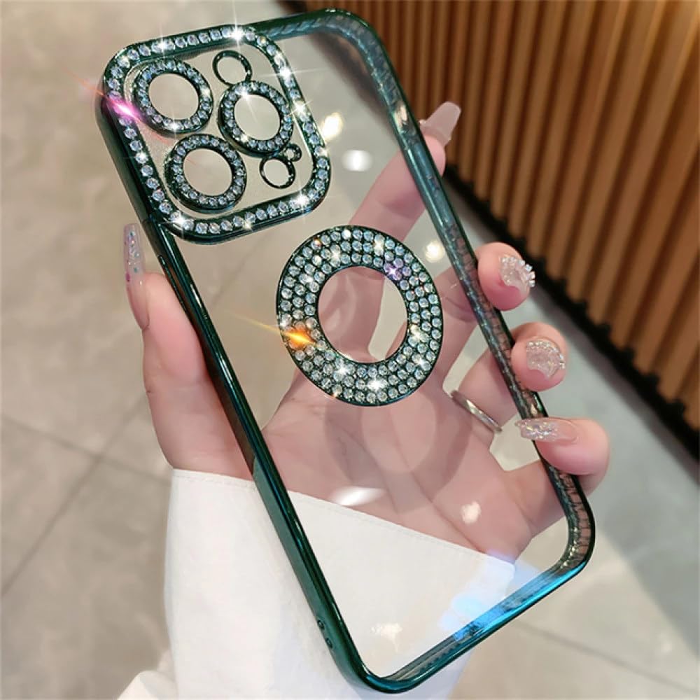 Coque diamant iPhone 13 Pro Max paillettes transparent vert mignon