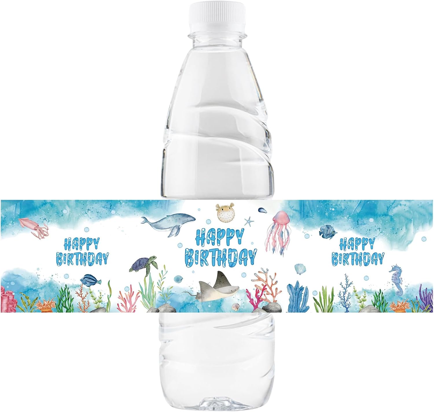 32 Pcs Sea Animal Happy Birthday Water Bottle Labels, Under The Sea Birthday Water Bottle Labels, Ocean Animal Waterproof Wrappers for Kids, Ocean World Themed Baby Shower Party Decorations