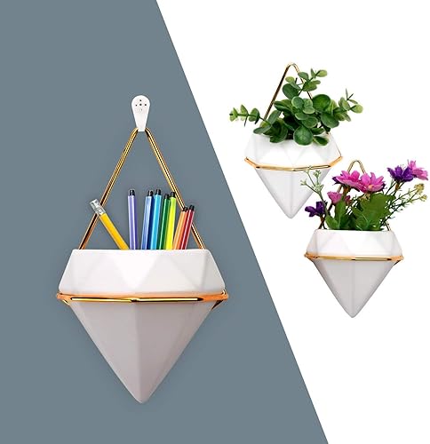 Miniatura 7 de Paquete de 2 macetas colgantes geométricas para decoración de pared, contenedor de cerámica para colgar con marco de metal para plantas suculentas,