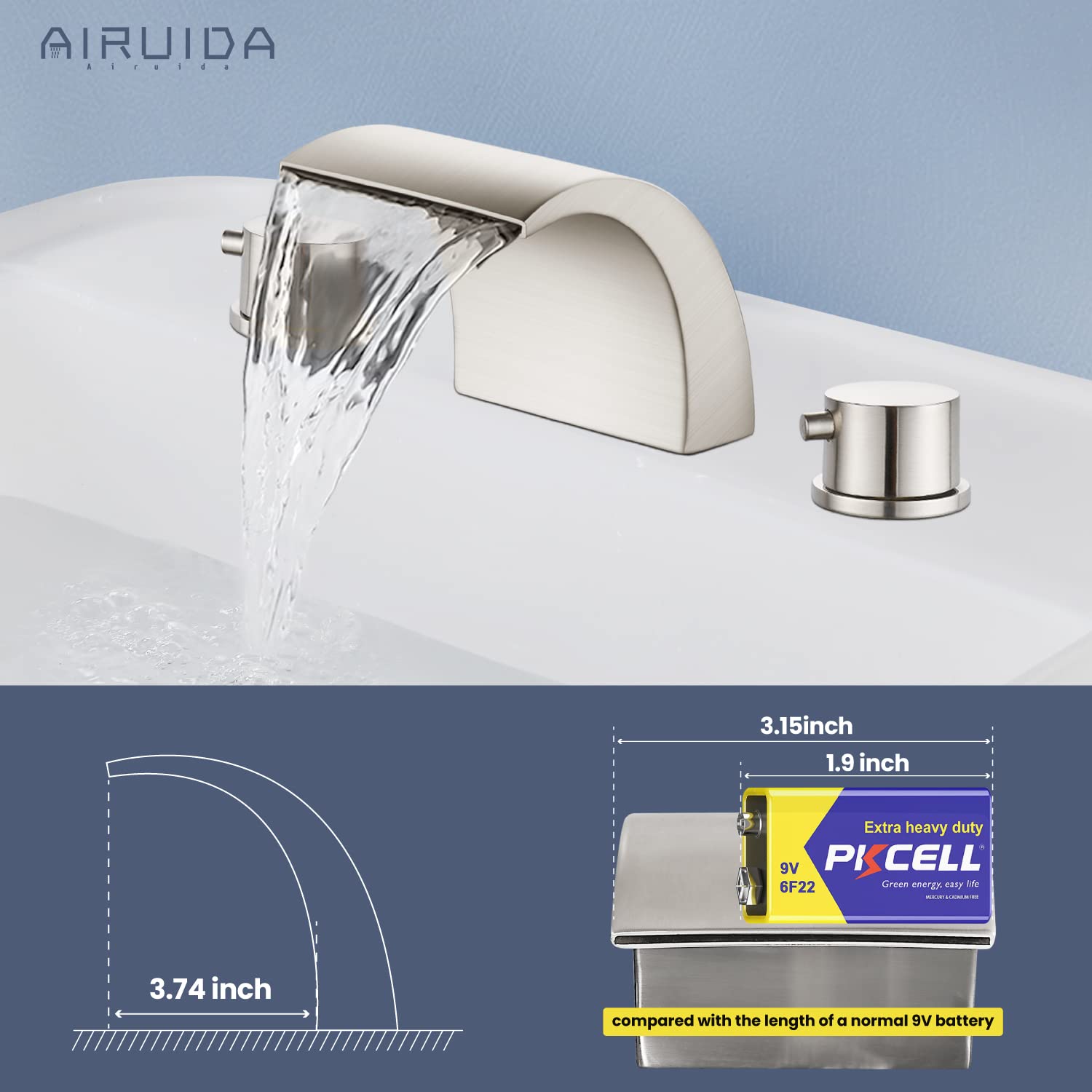 Airuida Widespread Waterfall Bathroom Sink Faucet, Brushed Nickel 8 Inch Widespread Bathroom Faucet with Pop Up Drain, 8 Inch 2-Handle 3 Holes Lavatory Vanity Sink Faucet with Quick Install Pipe