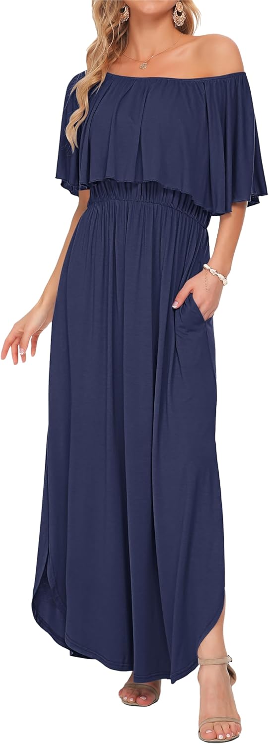AUSELILY Womens Off The Shoulder Dress Summer Casual Long Ruffle Party Side Split Beach Maxi Dresses with Pockets