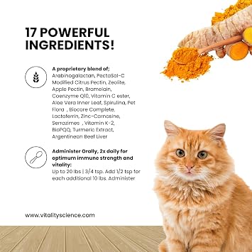 Vitality Science Celloquent Gold للقطط | ملحق دعم المناعة المتقدم الشامل | 17 المكونات التآزر | المناعة الذاتية والقيء والإسهال والاكتئاب ( 60g )