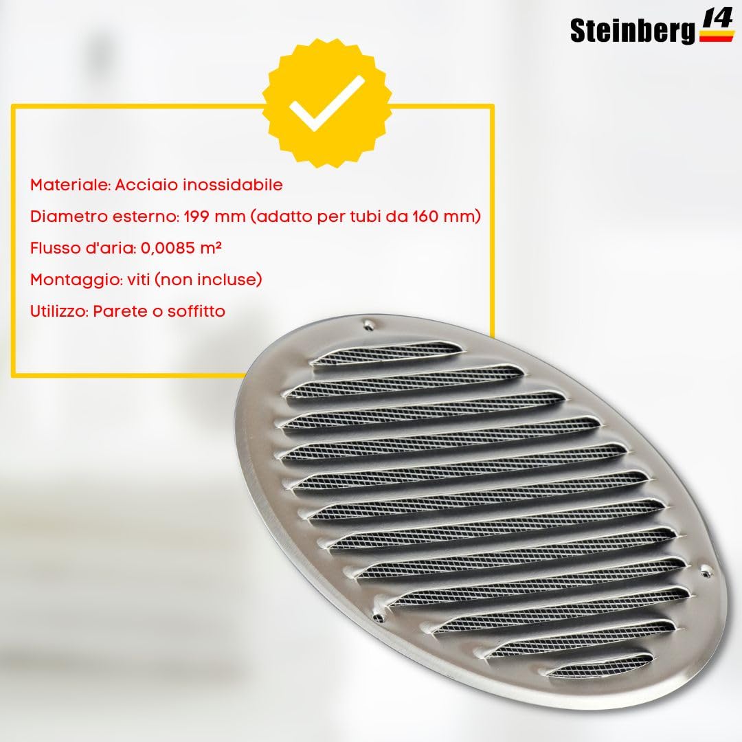 Griglia Ventilazione Rotonda 160mm In Acciaio Inox - Con Zanzariera Per Esterno/Interno - Foto 3