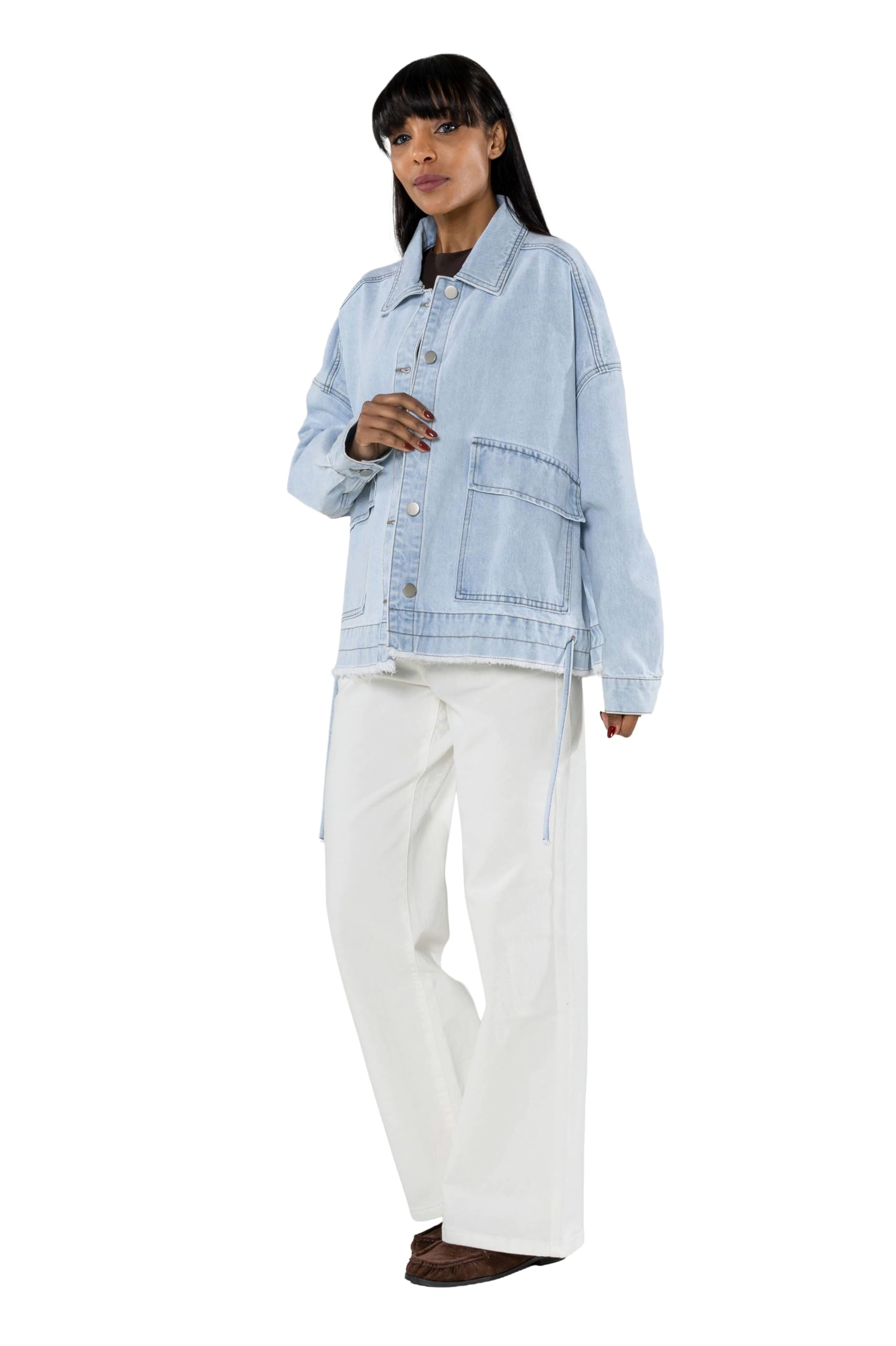 Nina Carter Chaqueta vaquera de gran tamaño para mujer, chaqueta vaquera suelta con botones y bolsillo grande, chaqueta informal de entretiempo para primavera y otoño