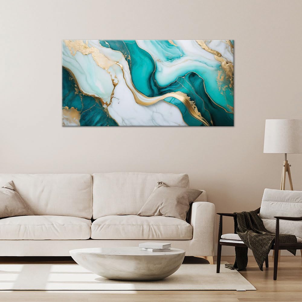 Tableau sur toile Abstraction Marbre Glamour Or Turquoise décoration artistique - FEEBY - 100x70 cm - Maison