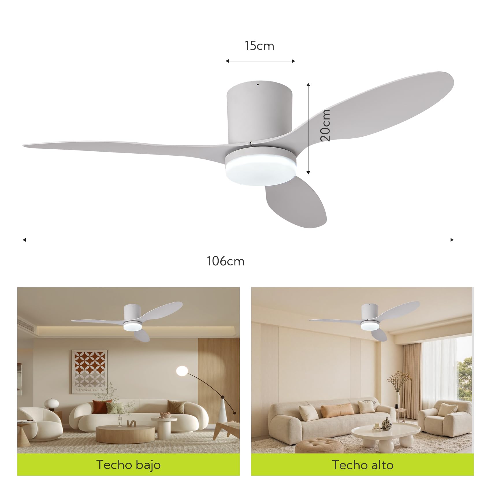 Ventilador de Techo con Luz y Mando a Distancia, 106cm, Motor DC Silencioso de Bajo Consumo, 3 Aspas de Plástico Premium Blanco (Anticorrosión), LED Regulable 3 Tonos, para Dormitorio y Salón