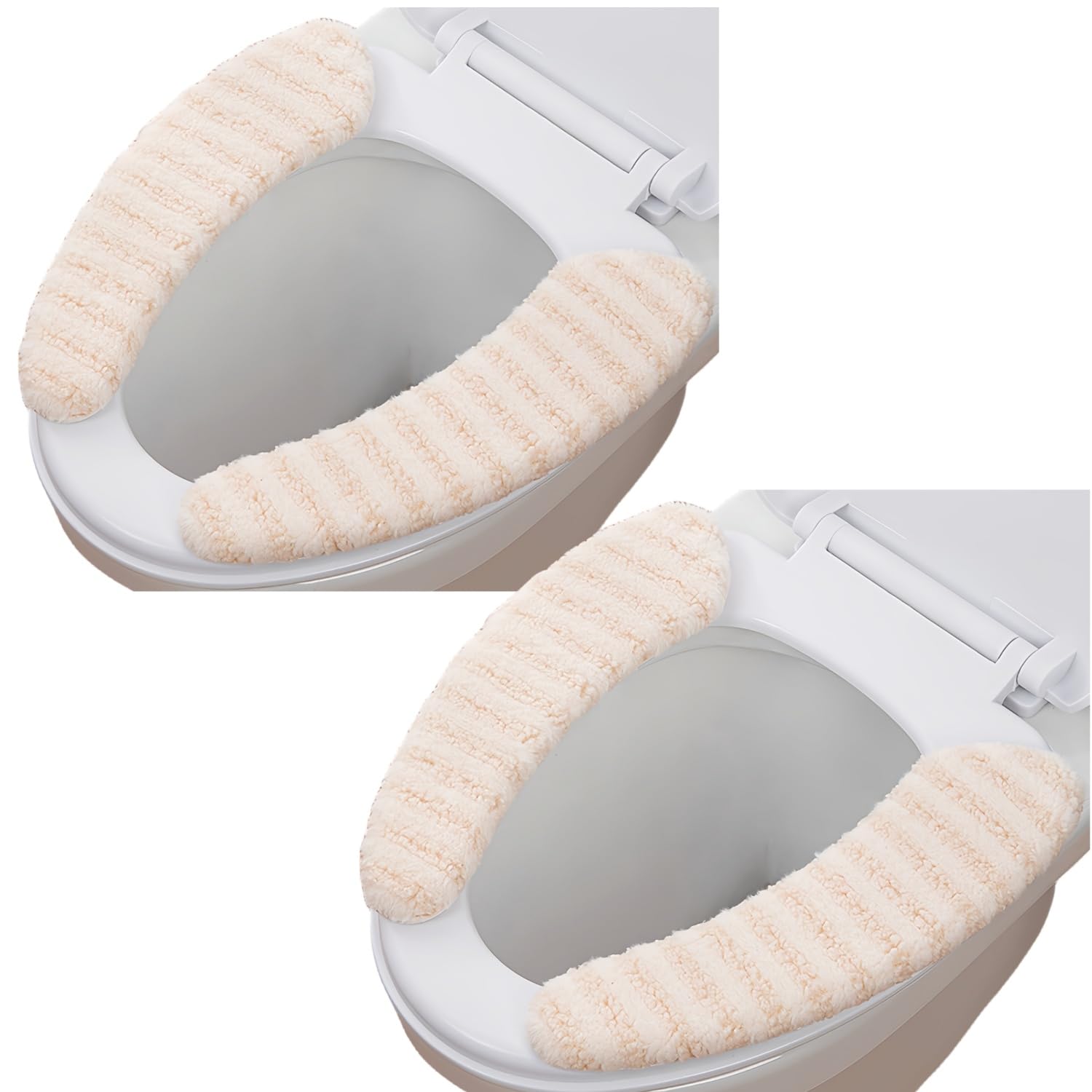 Wuyue Hua Beige 2Pairs Plush Warm Thick Padded Toilet Seat Cover Mat Non Slip Soft Toilet Seat Cushion Washable Bathroom Warmer With Self-Adhesive Tape (Beige)