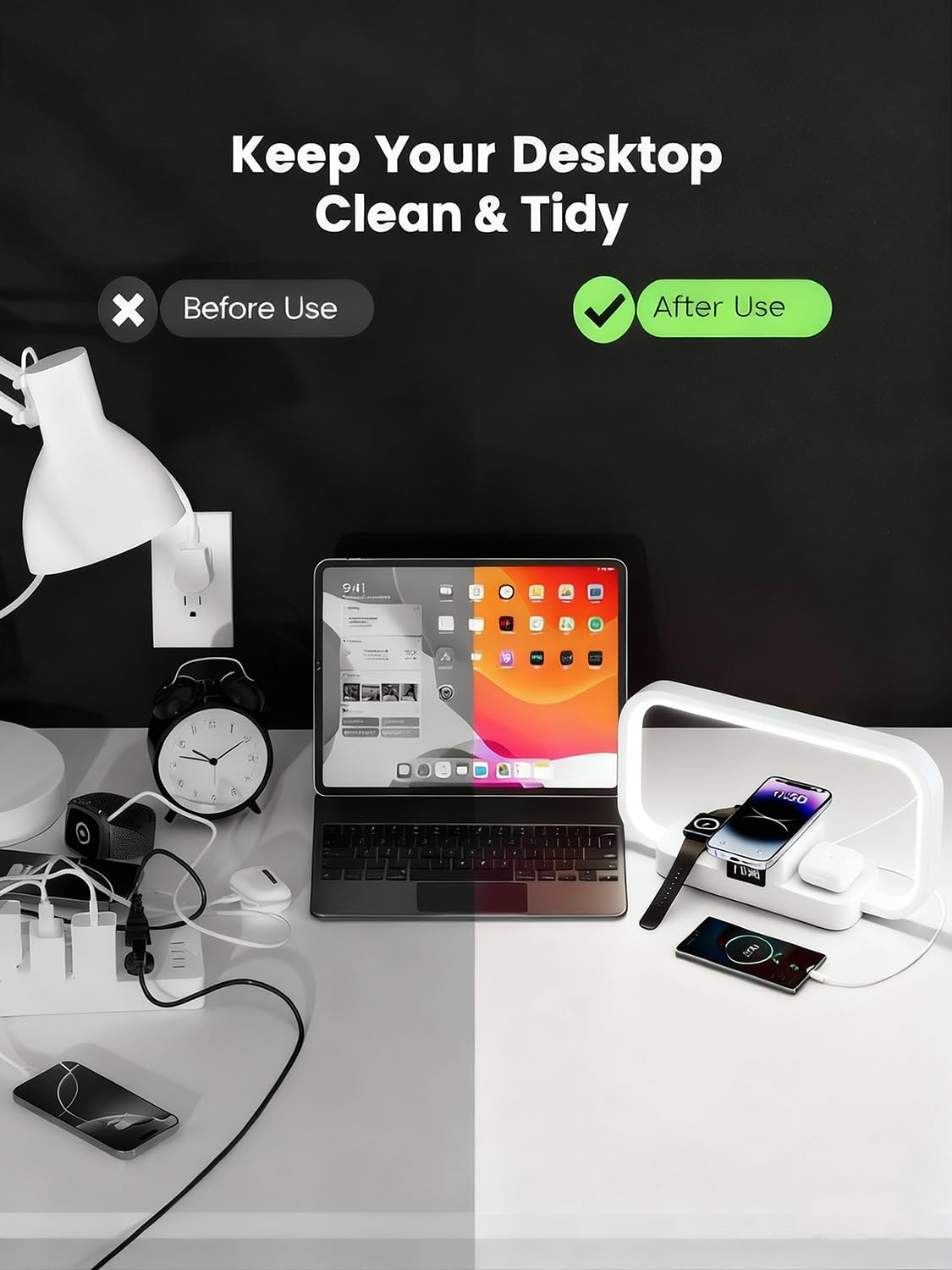 KZT Lampe de Chevet Chargeur sans Fil 4 en 1 avec Port USB LED Horloge, Blanc