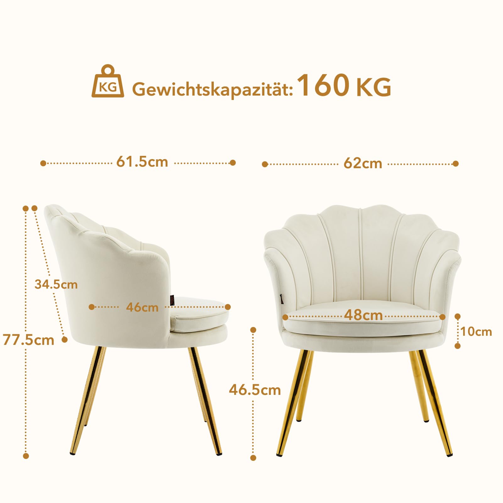 Esszimmerstühle aus Samt, Schminktisch Stuhl, Muschelsessel mit Blütenblatt-Rückenlehne, Polstersessel Stuhl Schminktisch mit Gold Metallbeinen für Schlafzimmer Esszimmer Wohnzimmer, Beige