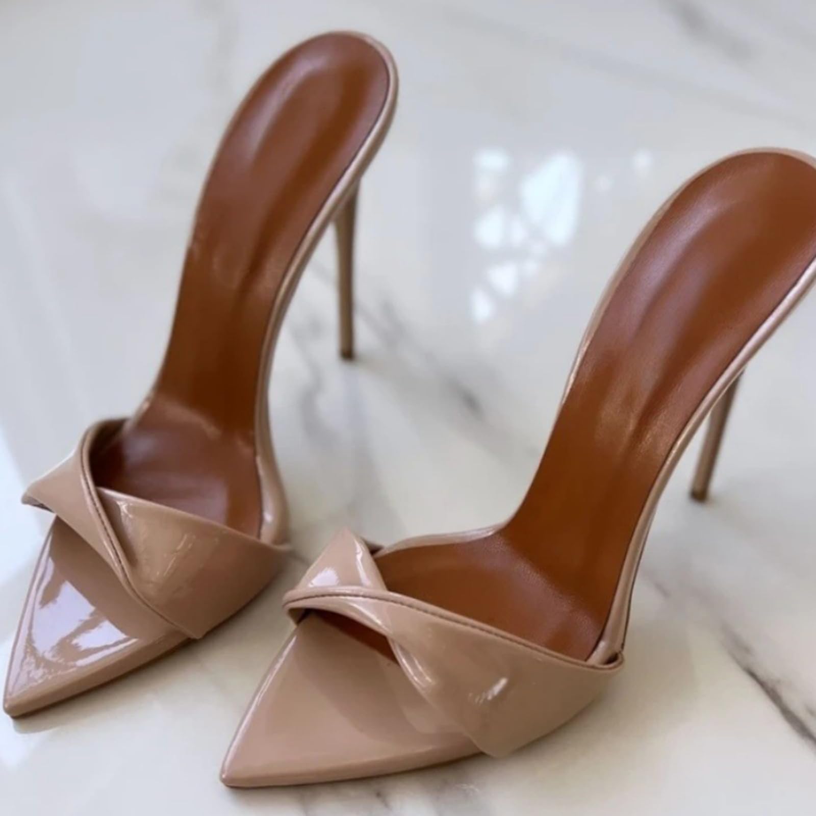 Donne Slip on Open Pointed Toe Classy in Pelle Verniciata Stiletto Pompe Formale Slingback Mule Sandali Vestito Scarpe da Passeggio