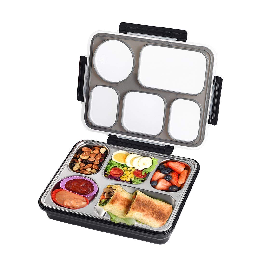 Big Size Thermal Insulation 5 Compartment Lunch Boxes Leakproof Reusable Microwave Freezer Safe Stainless Steel Portion Snack Containers for Adults Office Work (Multicolor)