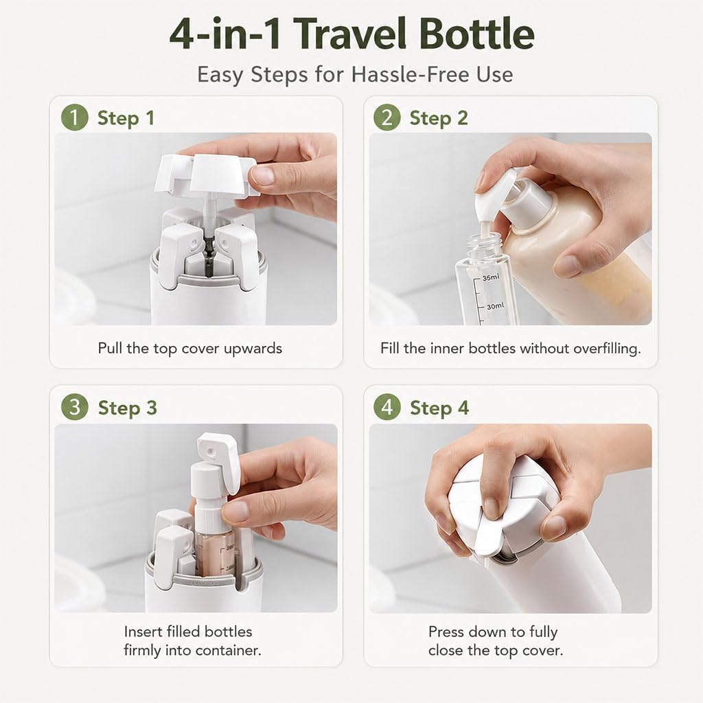 4 in 1 Travel Dispenser Bottle Travel Size Lotion Containers Refillable Toiletry Bottles for Shampoo Toiletries White image 4