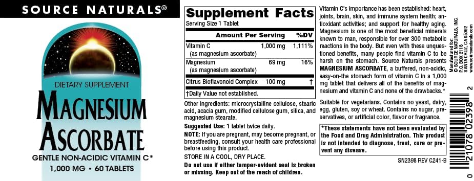 Miniatura 4 de Source Naturals Ascorbato de magnesio, vitamina C no ácida* -1000 mg, 60 tabletas