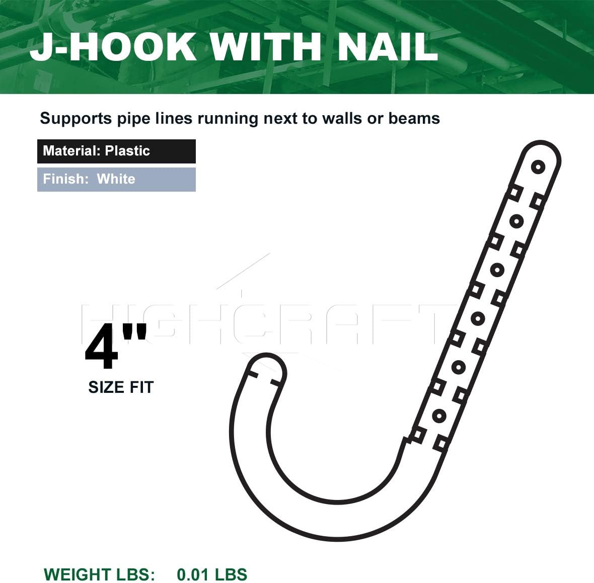 Highcraft PXJHNG004-10 PEX Support J-Hook Hanger with Nails; for 4 in. Pipe, Rope, Cable; Hard Plastic (10 Pack)
