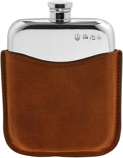 English Pewter Company 6oz Pewter Hip Flask with Luxury Brown Leather Pouch [PLF01]