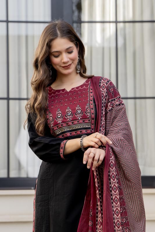 Image of Amayra Women's Cotton Straight Kurta Set with Palazzo Pants & Dupatta- Ethnic Wear