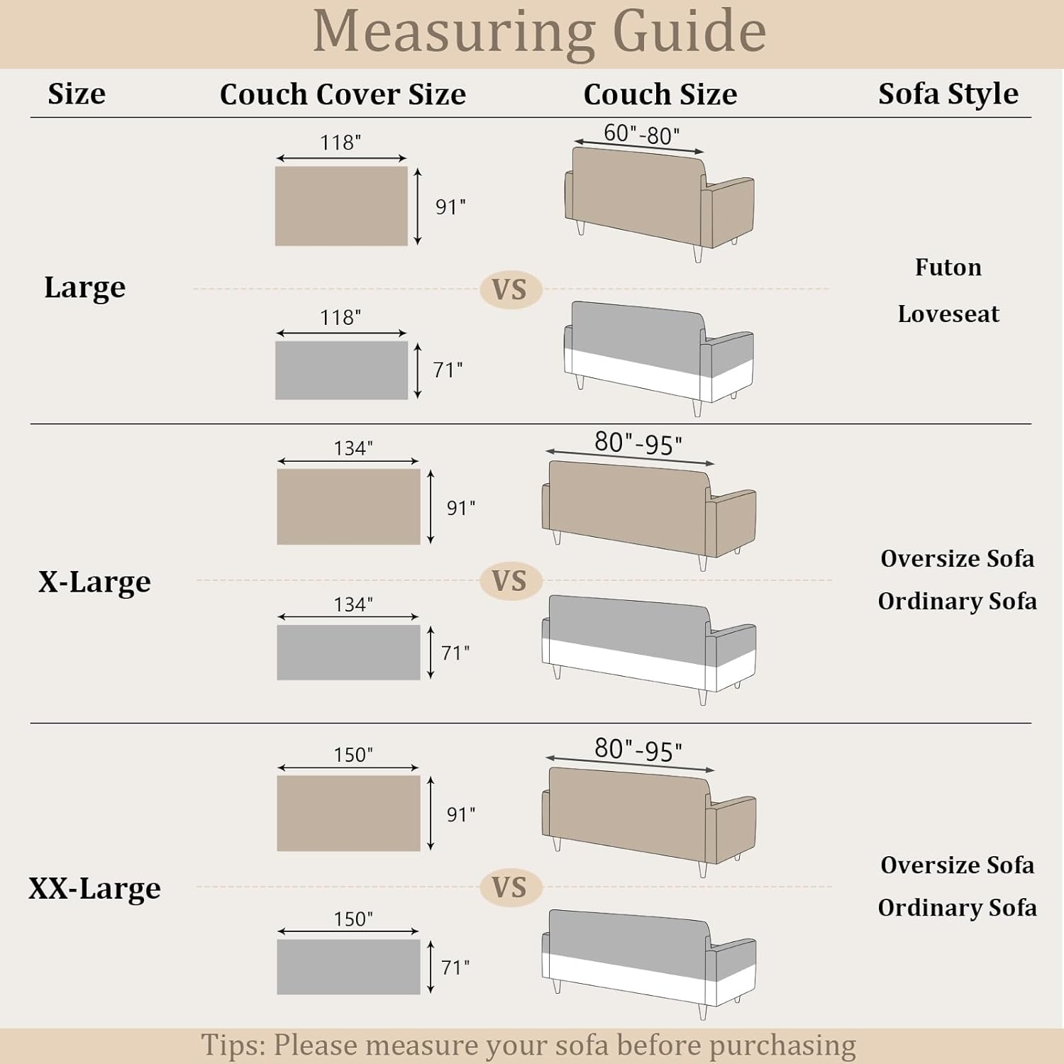 Foreate Extra Wide 91"x134" Chenille Sofa Cover Water Resistant Sofa Covers Washable Sectional Couch Covers for 2 3 Cushion, Tassel Edge Durable Couch Protector for Dogs (Khaki, 91"x134")