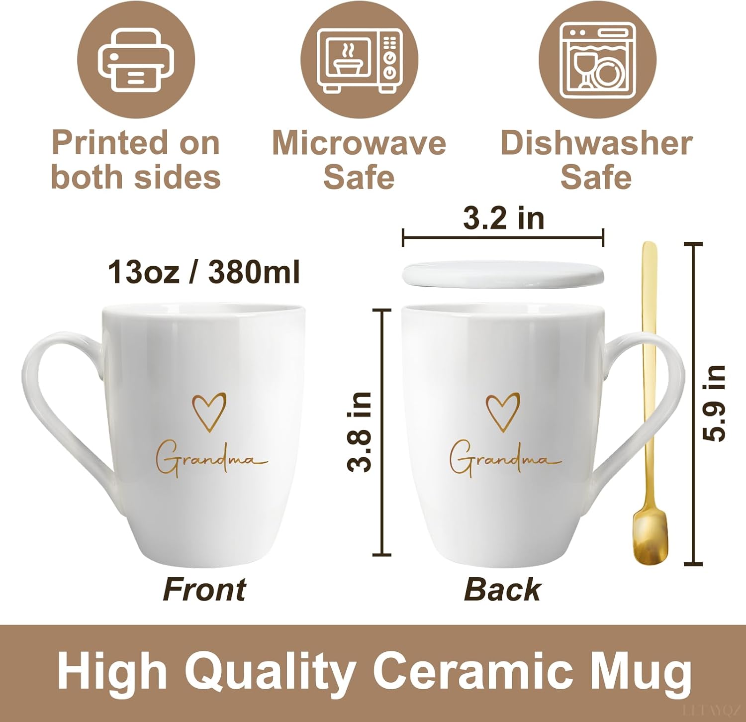 Grandma Coffee Mug Gift for Grandmother from Grandchild, Unique grandma Text & Heart Design mug gift Ideas for her Birthday Thanksgiving Christmas, grandmother Mugs Gifts set with Lid Spoon-98 - Image 2
