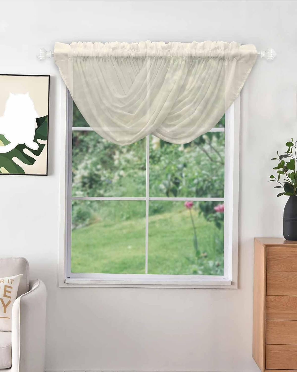 Waterfall Valances for Windows Cream Swag Valance Curtains Solid Color Sheer Valance Window Treatment for Living Room Kitchen Bedroom Bathroom Rod Pocket Curtain Drape 3 Panels