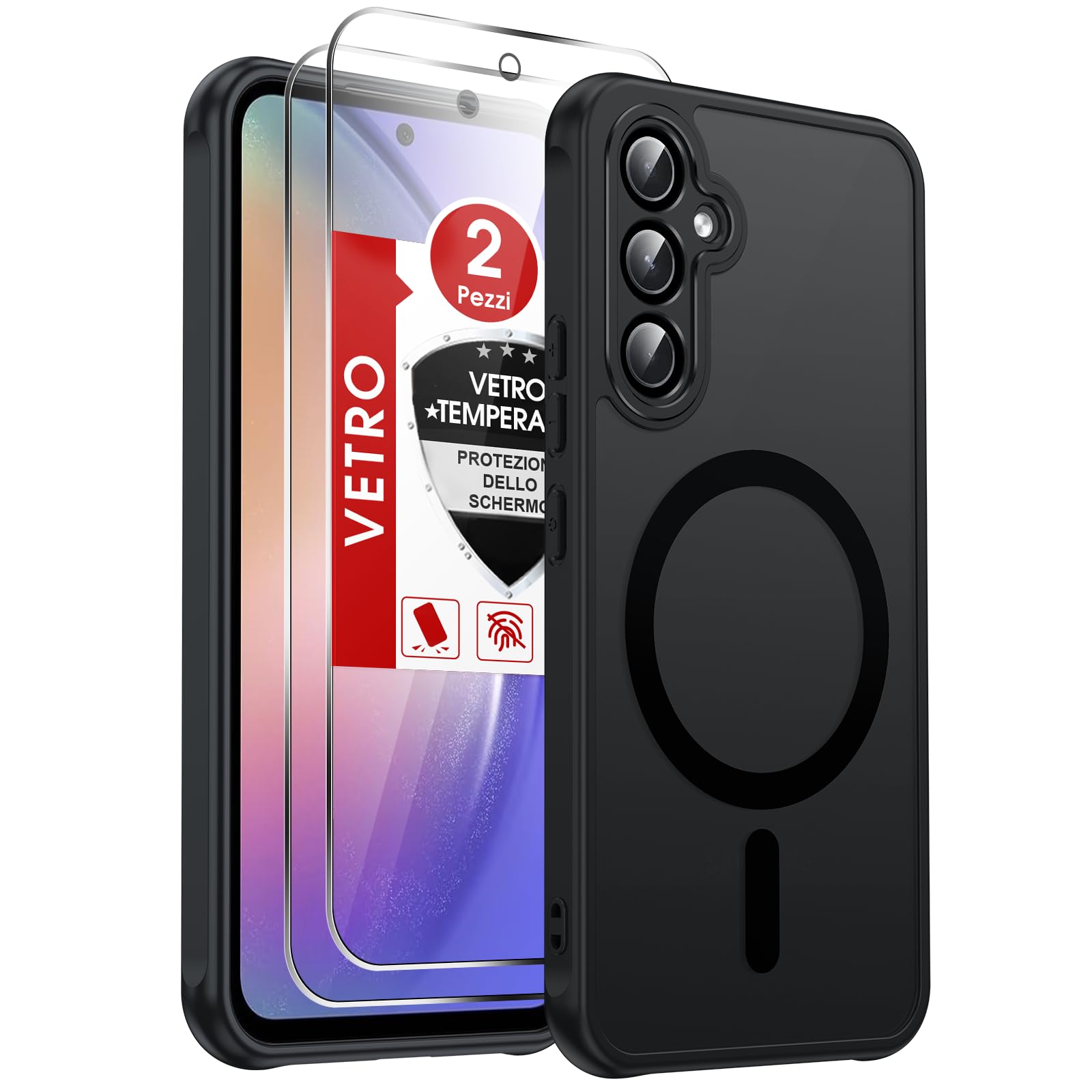 LeYi Cover Magnetica per Samsung Galaxy A54 5G con 2 Vetro Temperato(Nero) | Custodia per Samsung A 54 Traslucida Opaca Anti-Impronte Resistente ai Graffi Paraurti in TPU Antiurto Protettiva Case