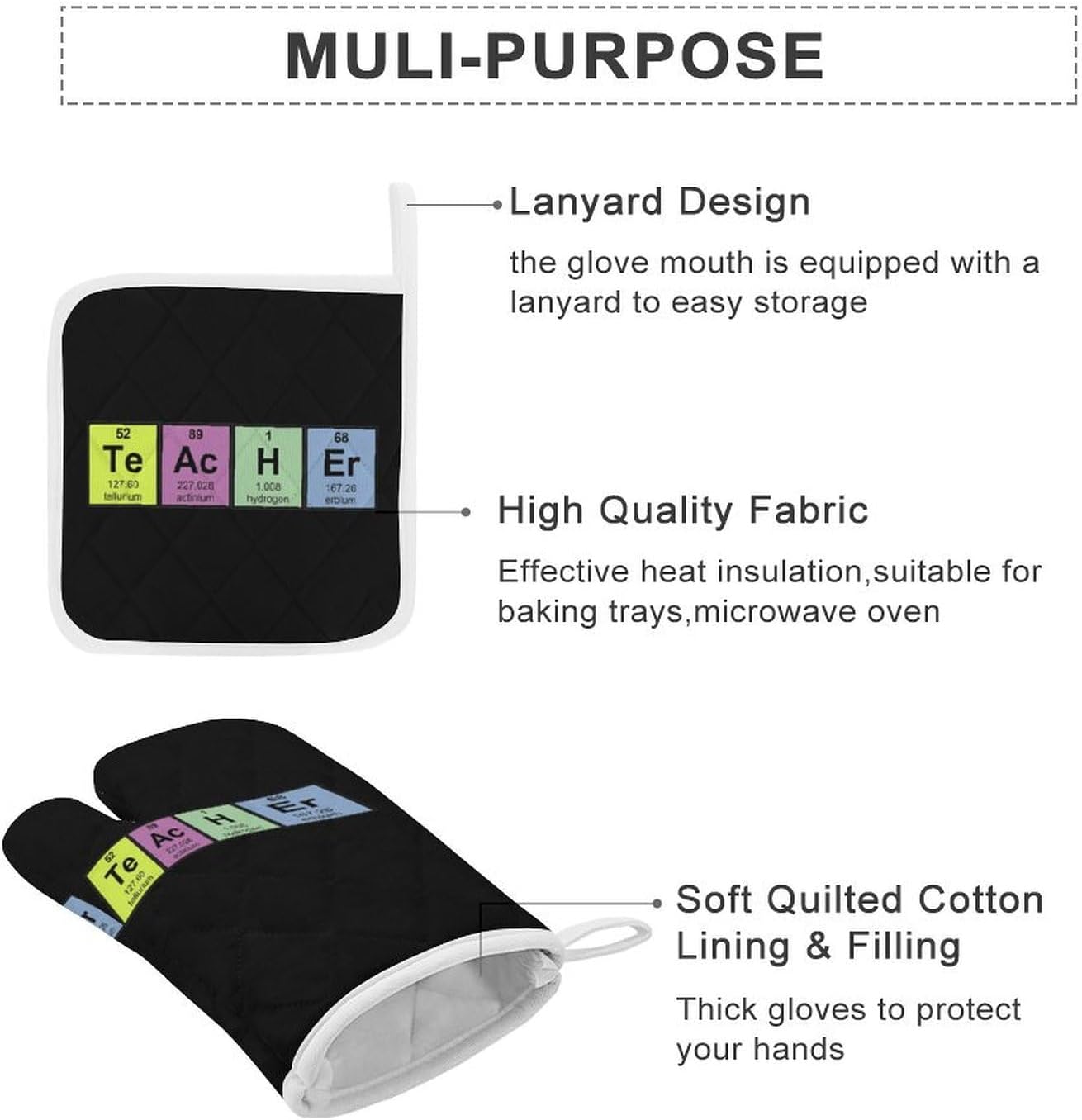Science Teacher Chemical Elements Print Oven Mitts and Pot Holders 3 Piece Sets Heat Resistant Gloves Hot Pads Potholders for Kitchen Baking Cooking