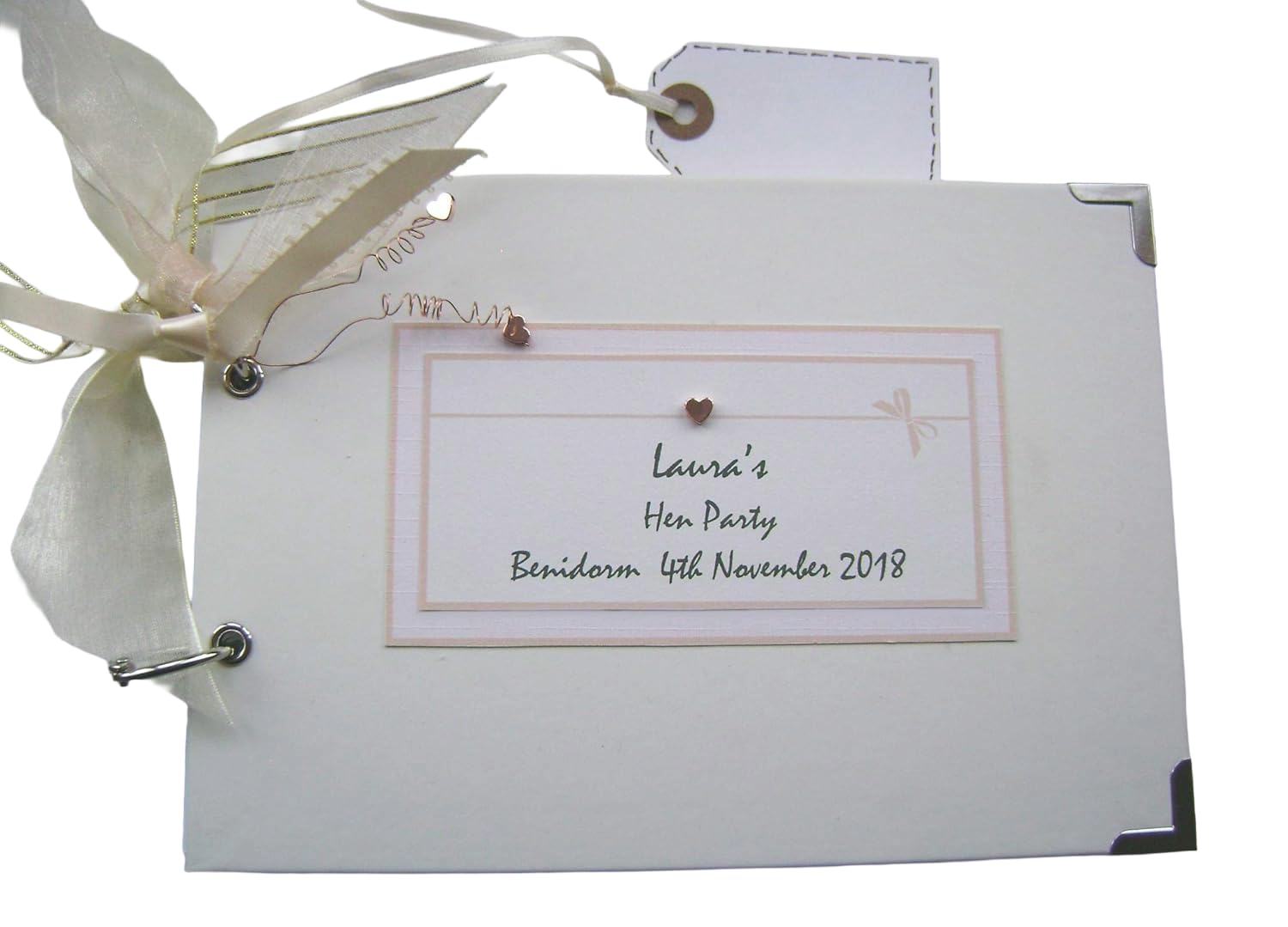 PERSONALISED. HEN PARTY. rose gold hearts. A5 SIZE PHOTO ALBUM, SCRAPBOOK, MEMORY, GUEST BOOK, MULTI USE GIFT. MEMORIES KEEPSAKES. 21CM X 15CM