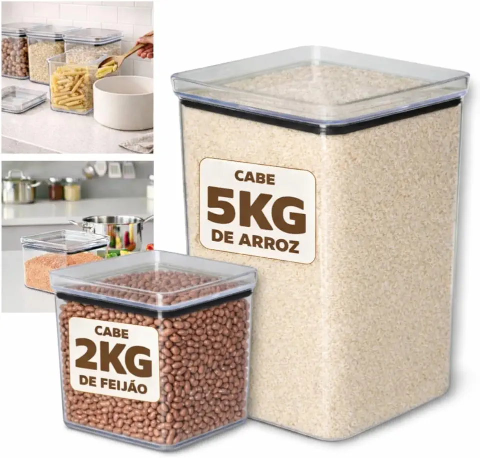 Pote Hermético Quadrado Empilhável para Mantimentos – Tampa Vedação com Silicone – Organizador de Cozinha Transparente - Kit de potes para cozinha arroz e feijão (Kit c/ 2)