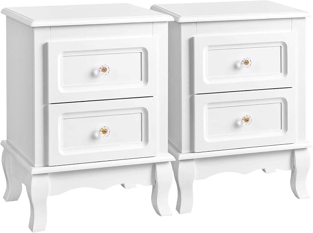 VASAGLE 2 Bedside Tables, Beside Cabinet with 2 Drawers, Wooden Night Stands with Solid Pine Wood Legs, Spacious Storage, White RDN012