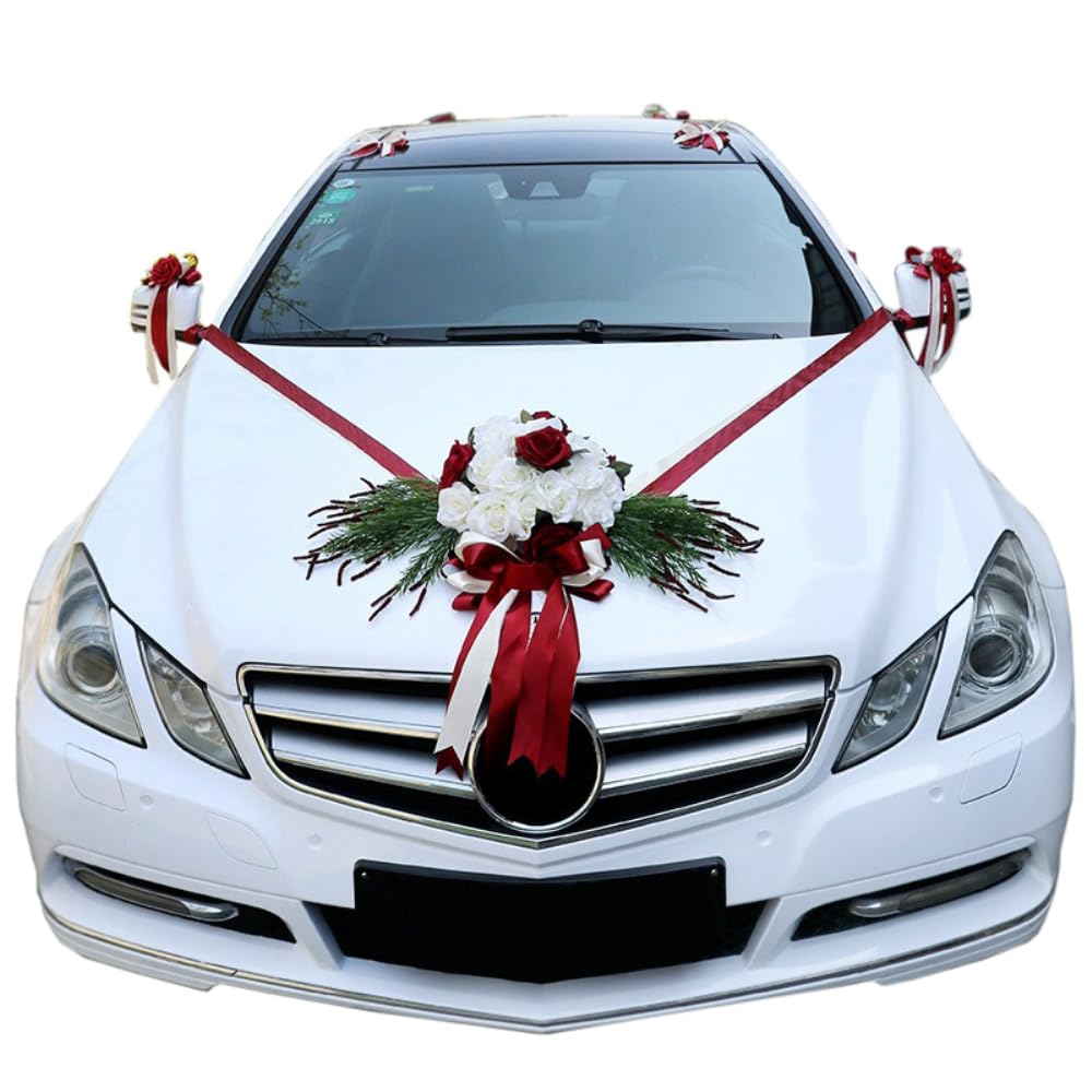 Wambere Autoschmuck,Dekoration Hochzeit Car,Auto Wedding Deko Girlande,Auto schmuck,Seidenblumen für Hochzeitsauto,PKW Rose Dekoratio,Schmuckgirlande für Motorhaube,für Hochzeit Party,Rot