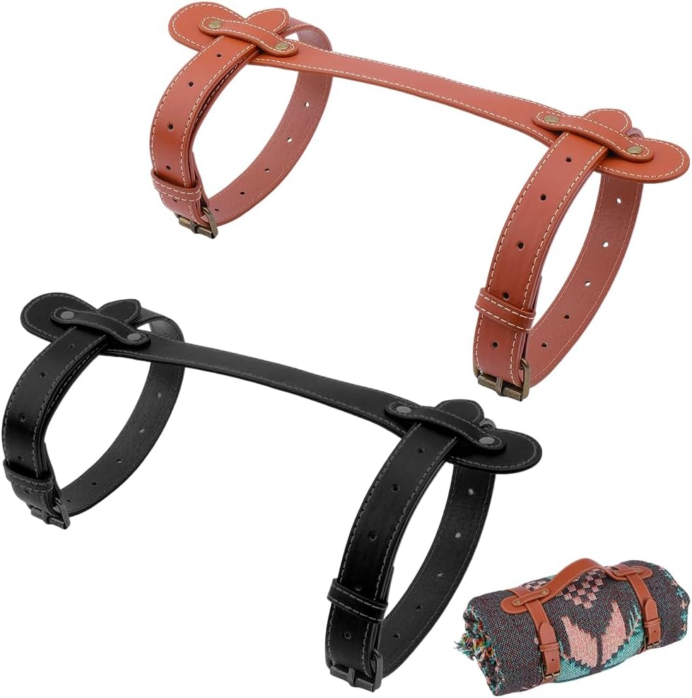 2 Set Outdoor Picnic Blanket Carry Strap 26.93 Inch PU Leather Camping Travel Rug Blanket Holder Portable Handle Bedroll Motorcycle Yoga Mat Roll Carrier with Adjustable Belt