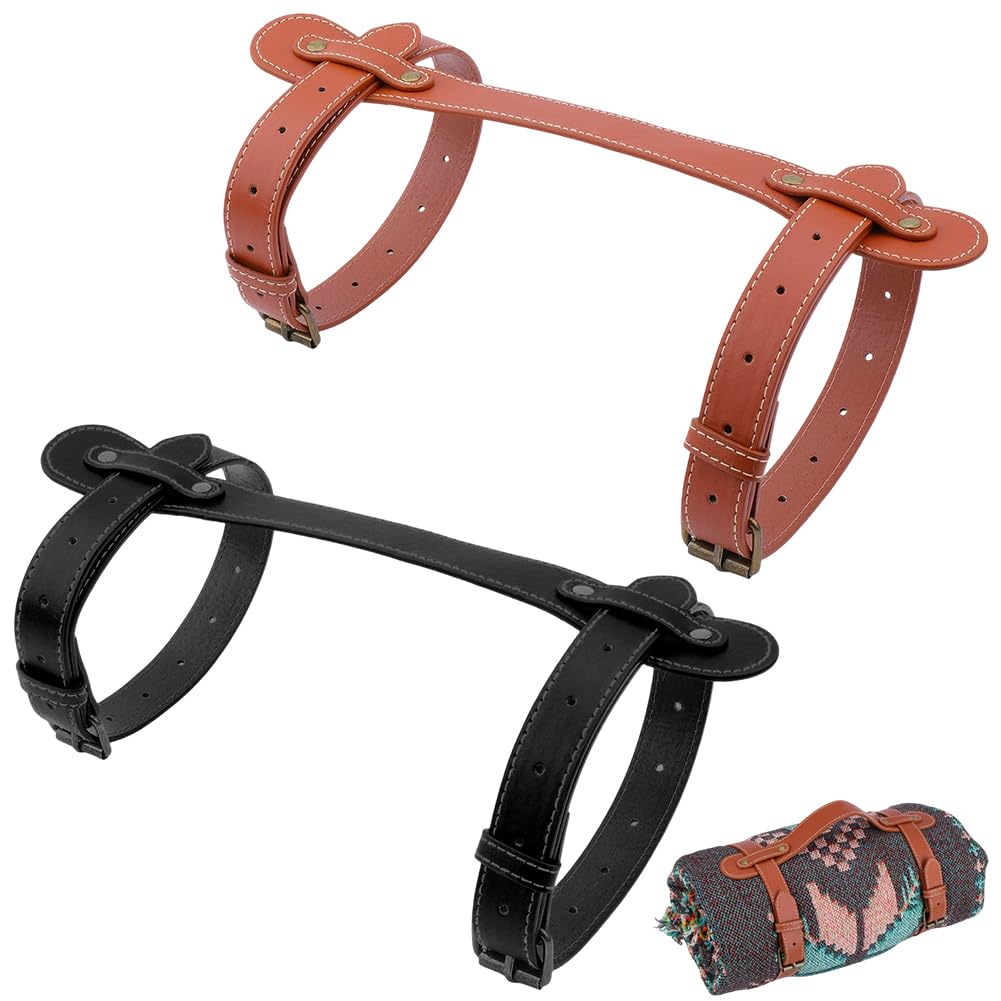 CALFOVER 2 Set Outdoor Picnic Blanket Carry Strap 26.93 Inch PU Leather Camping Travel Rug Blanket Holder Portable Handle Bedroll Motorcycle Yoga Mat Roll Carrier with Adjustable Belt