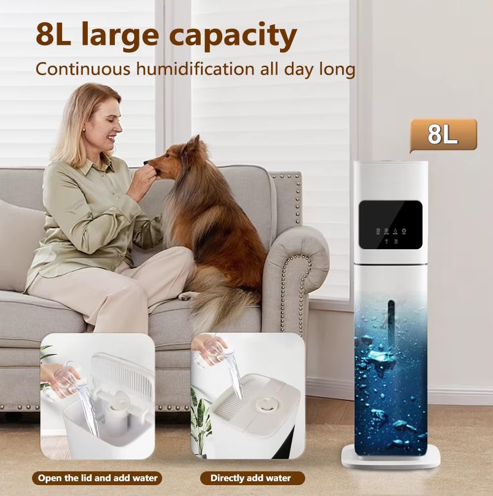 Smart White Humidifier, 2.1Gal/8L Large Capacity Cool Mist Humidifier with 3 Mist Levels, Auto Humidity Control, Timer & Auto Shut-Off, LED Panel & Remote, 360° Nozzle for Nursery, Office, Plants