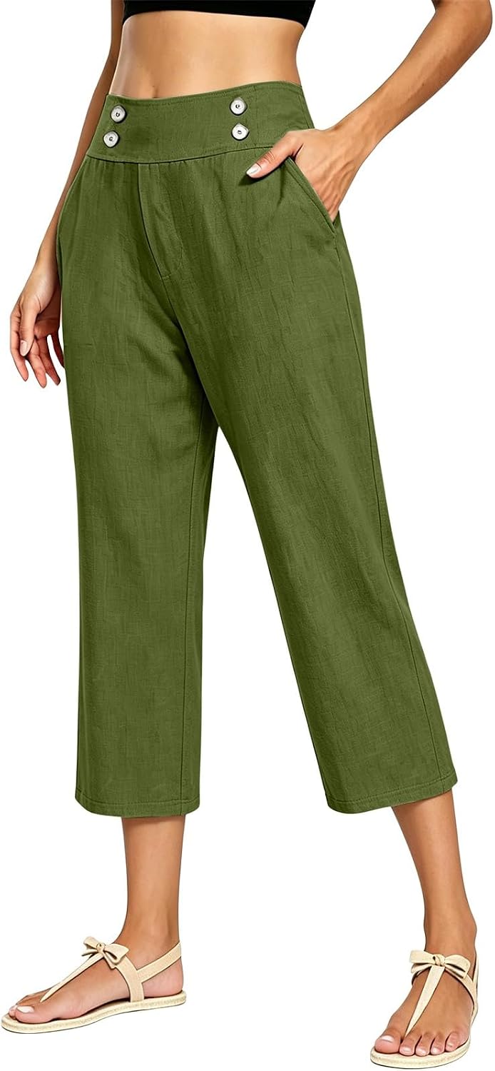 High Waist Cotton Linen Cropped Capri Pants, Pocketed Dressy Casual Trousers for Womens Summer Daily Outfits