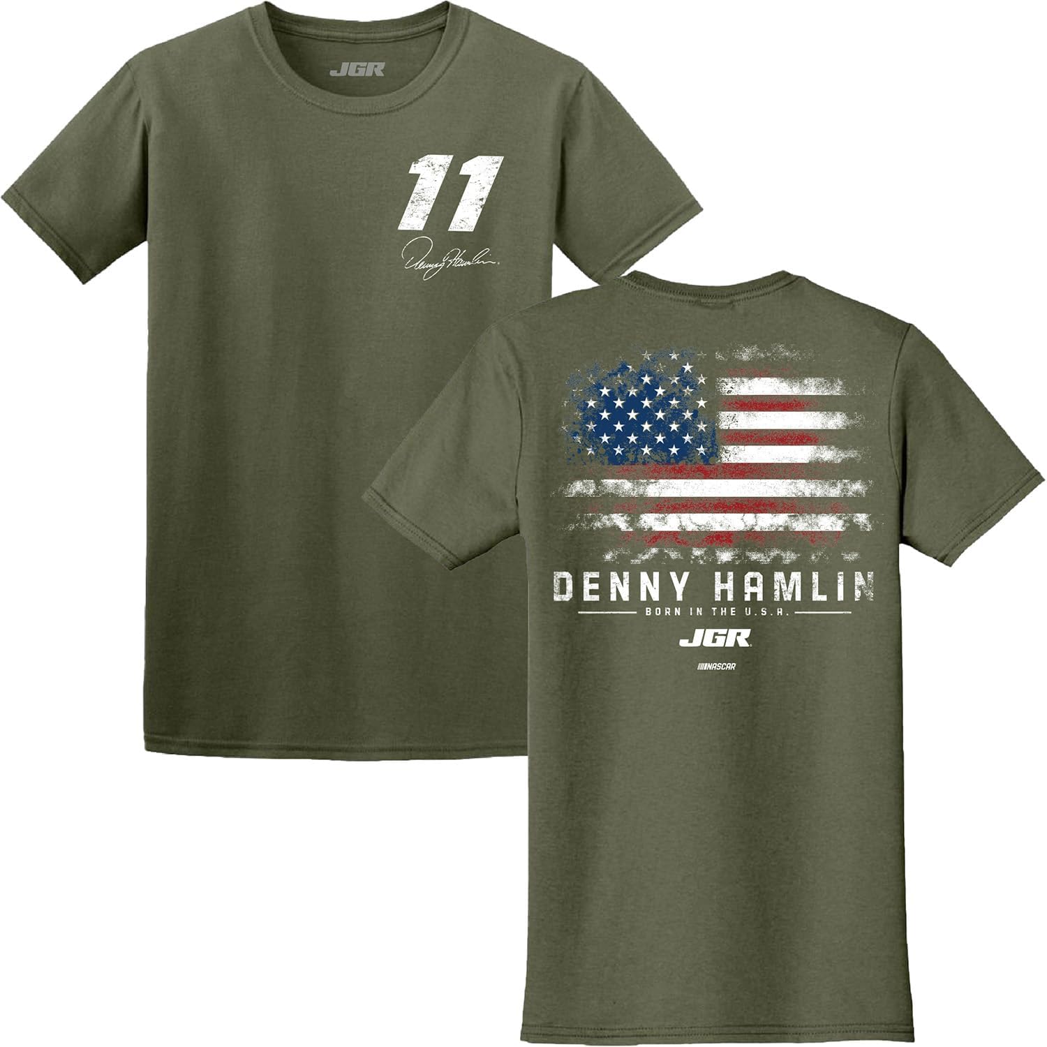 Checkered Flag Sports Denny Hamlin 2026 Born in The USA Military Green #11 T-Shirt