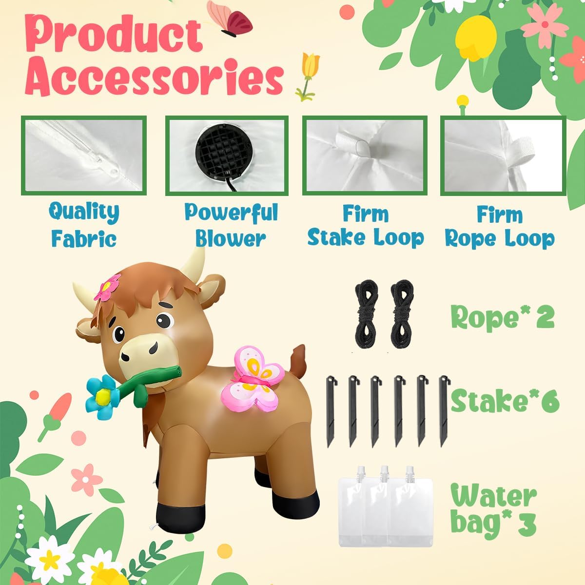 5FT Spring Inflatable Highland Cow with Flowers and Butterflies, Built-in LED Lighted Blow Up Yard Decor, Easter Inflatables Outdoor Decorations for Garden Lawn Party and Holiday Display