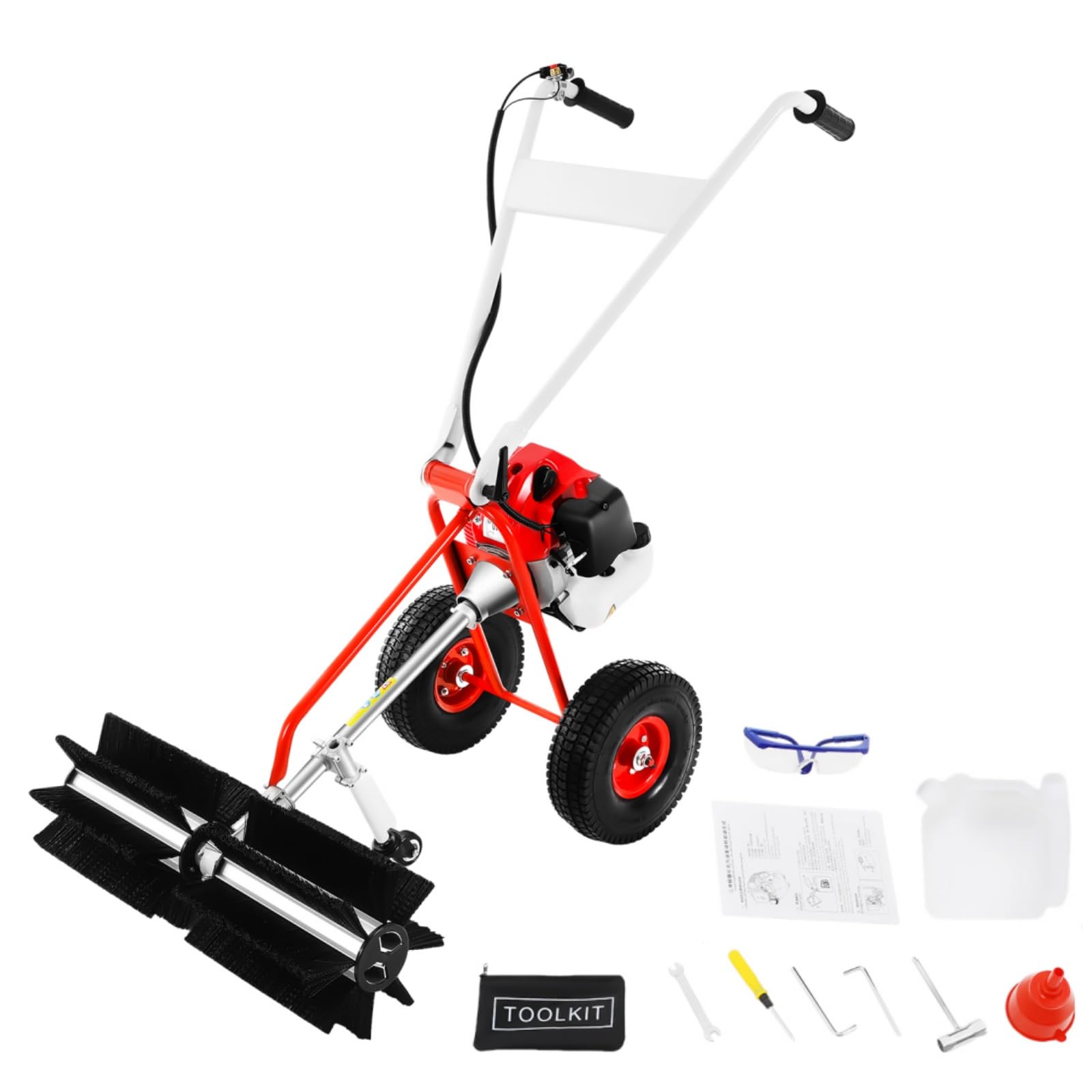Barredora de gasolina de 1,7 CV, 43 cc, 2 tiempos, gasolina, empujador de nieve con ruedas, 8500 rpm, quitanieves para camino, hierba, nieve, limpieza de césped