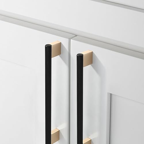 Miniatura 2 de Paquete de 6 tiradores de gabinete de 7.5 pulgadas (7.559 in) negro y dorado, manijas moleteadas para gabinetes de cocina, tiradores de cajón,