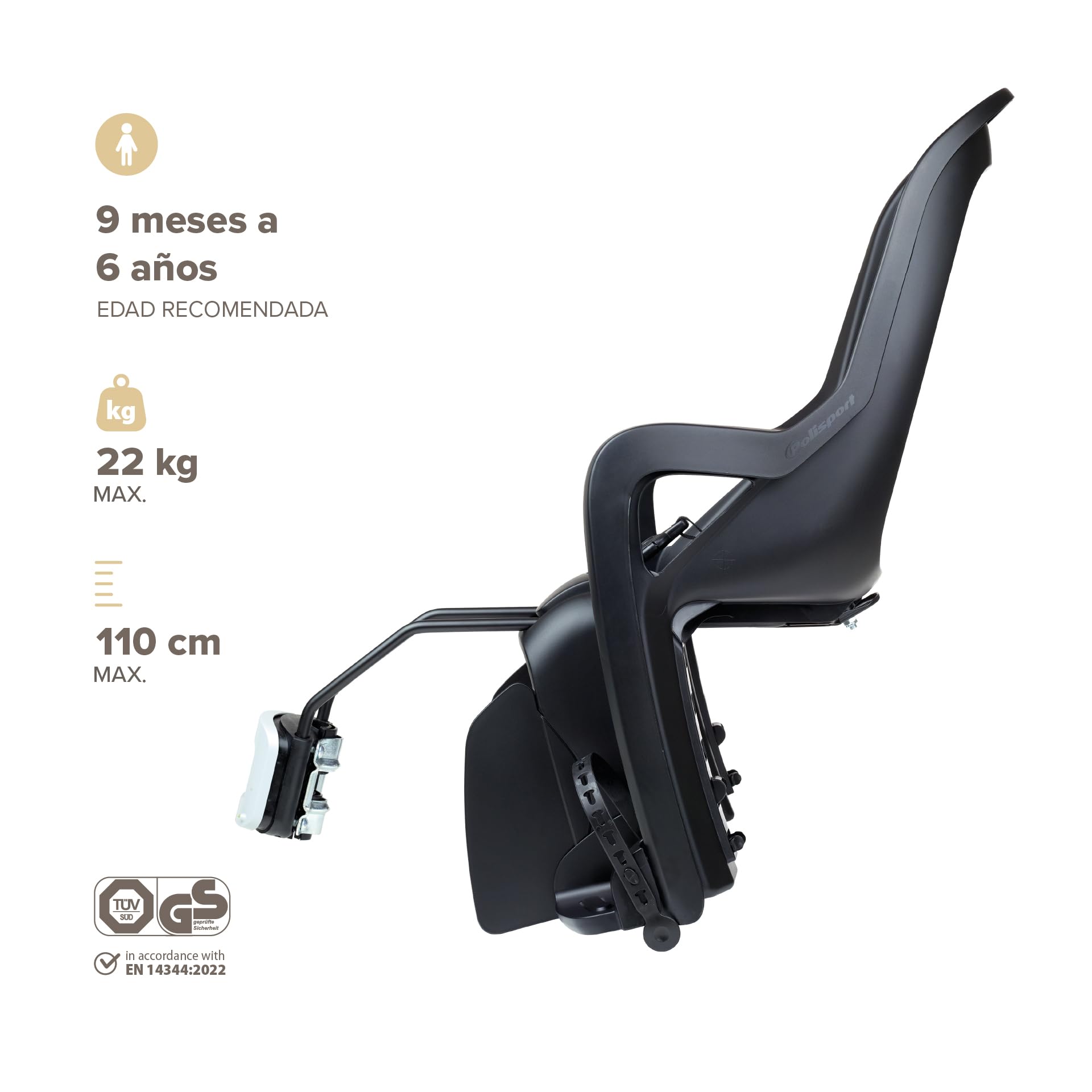 Polisport Groovy Maxi FF Fotel Trasero para Niños – Montaje En Marco, Asiento Bicicleta Infantil, 9 Meses–6 Años, MAX 22 Kg, Instalación Fácil