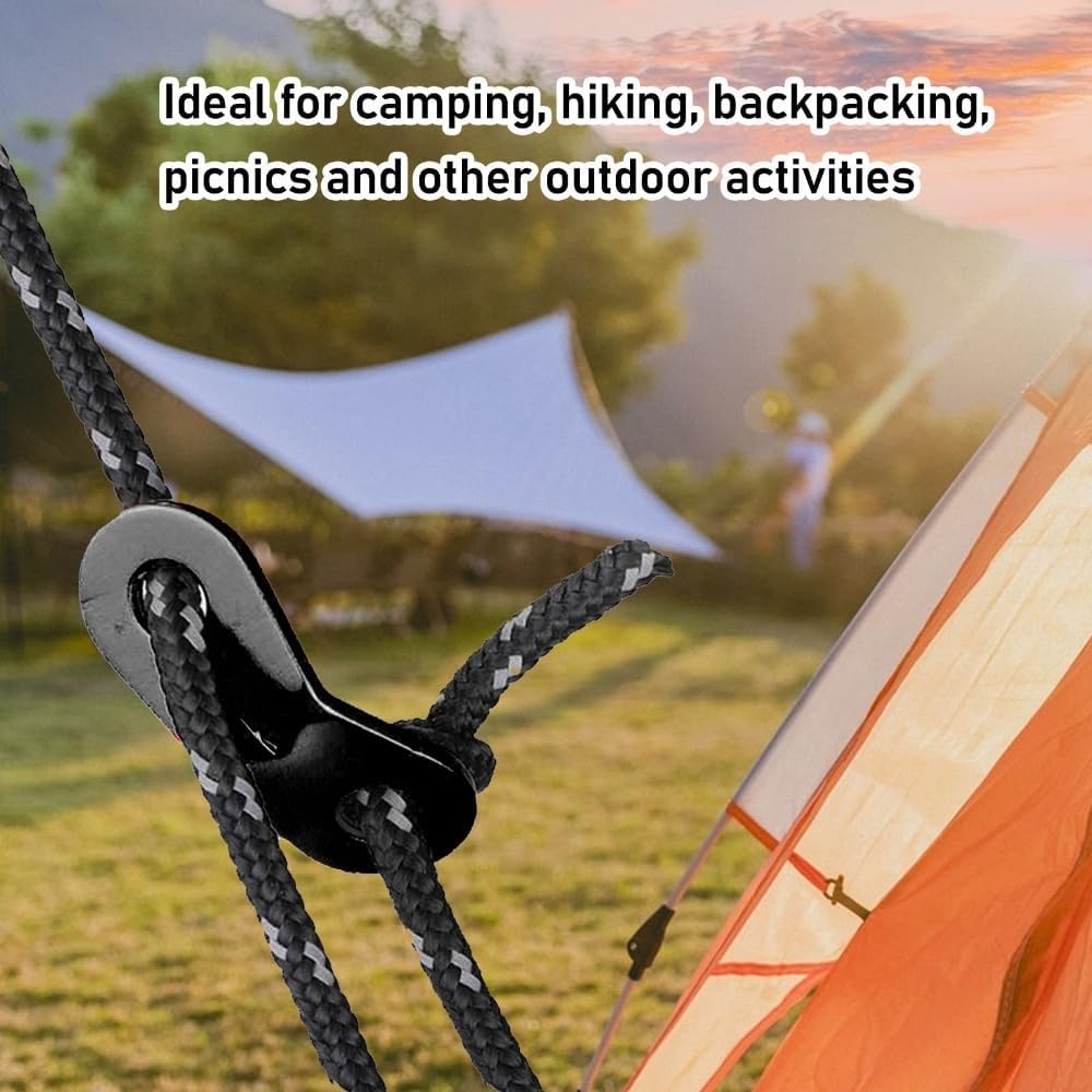 Aluminum Alloy Rope Tensioners – Dual Hole Slip-Proof Cord Adjusters for 3-5mm Guylines, Tent Stakes & Paracord, Camping & Hiking Accessories(Black)