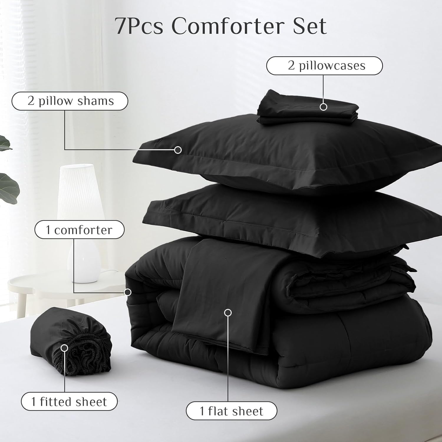 JOLLYVOGUE Queen Comforter Set, Ultra-Soft Bed in a Bag Queen Size 7 Pieces, Oeko-TEX Certified Bedding Set with Down Alternative Comforter, Sheets, Pillowcases & Shams, Black - Image 5
