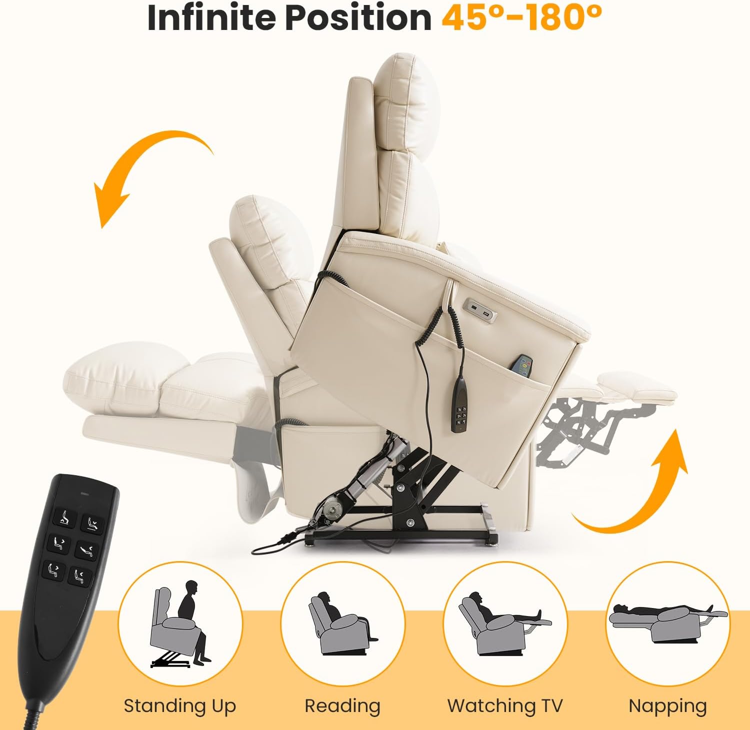 Triple Motor Power Lift Recliner Chair for Elderly with Power Headrest, Infinite Position Lay Flat Lift Chair with Vibration Massage & Heat, Cup Holders, Lumbar Pillow, USB, Premium Leather, Beige