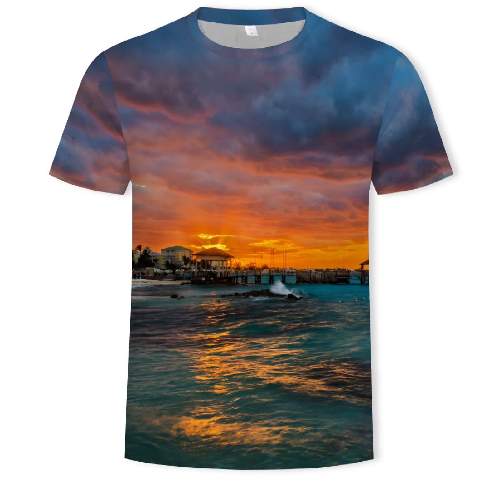 T-Shirt Men'S Round Neck Casual Short Sleeve 3D Digital Printing Men'S Clothing,sunset scenery