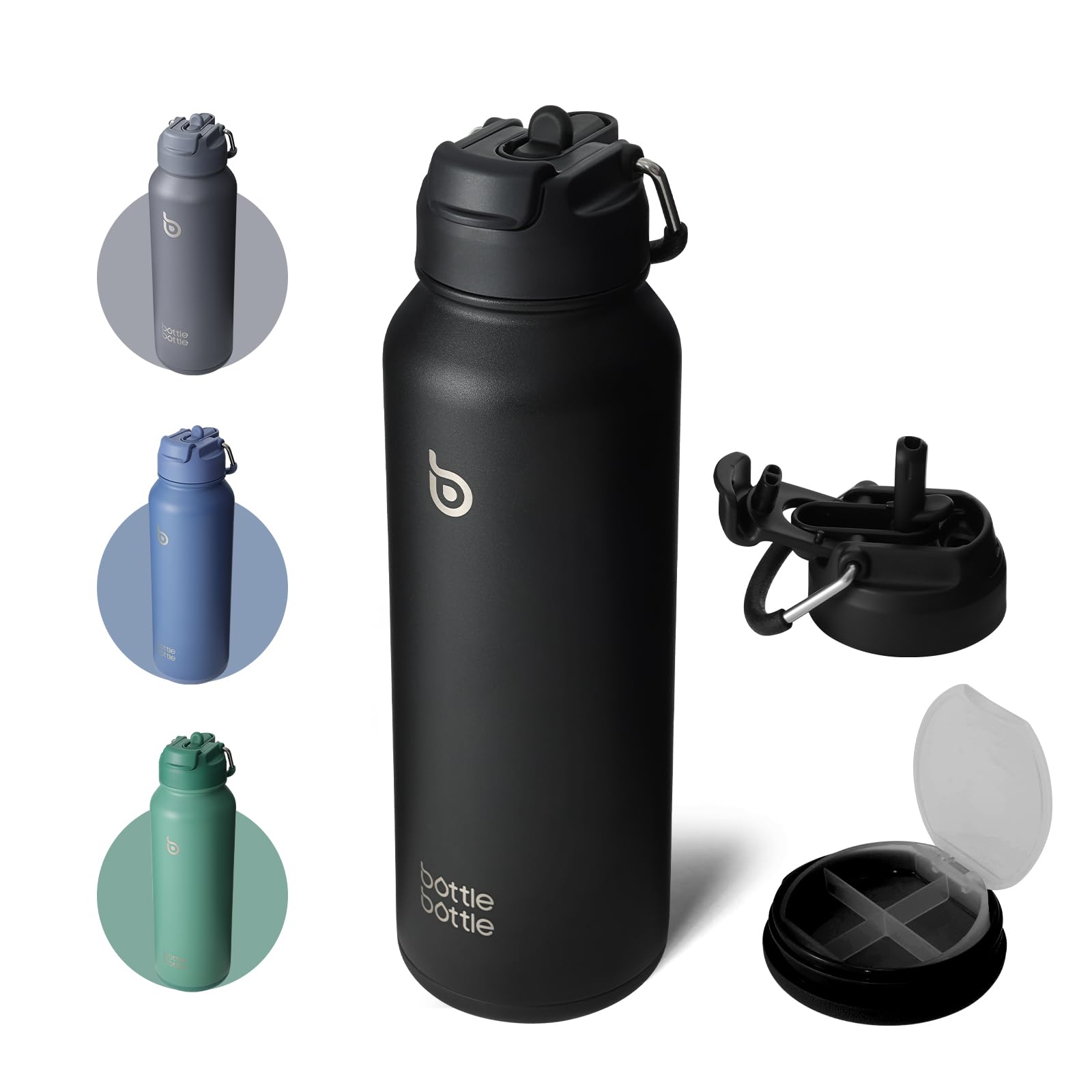 BOTTLE BOTTLE 水筒 1リットル 二重構造 保冷保温 魔法瓶 大容量 1000ml ステンレスボトル ストロー付き 直飲み 2WAY蓋 底部収納 漏れ防止 持ち運び スポーツ アウトドア (ブラック)