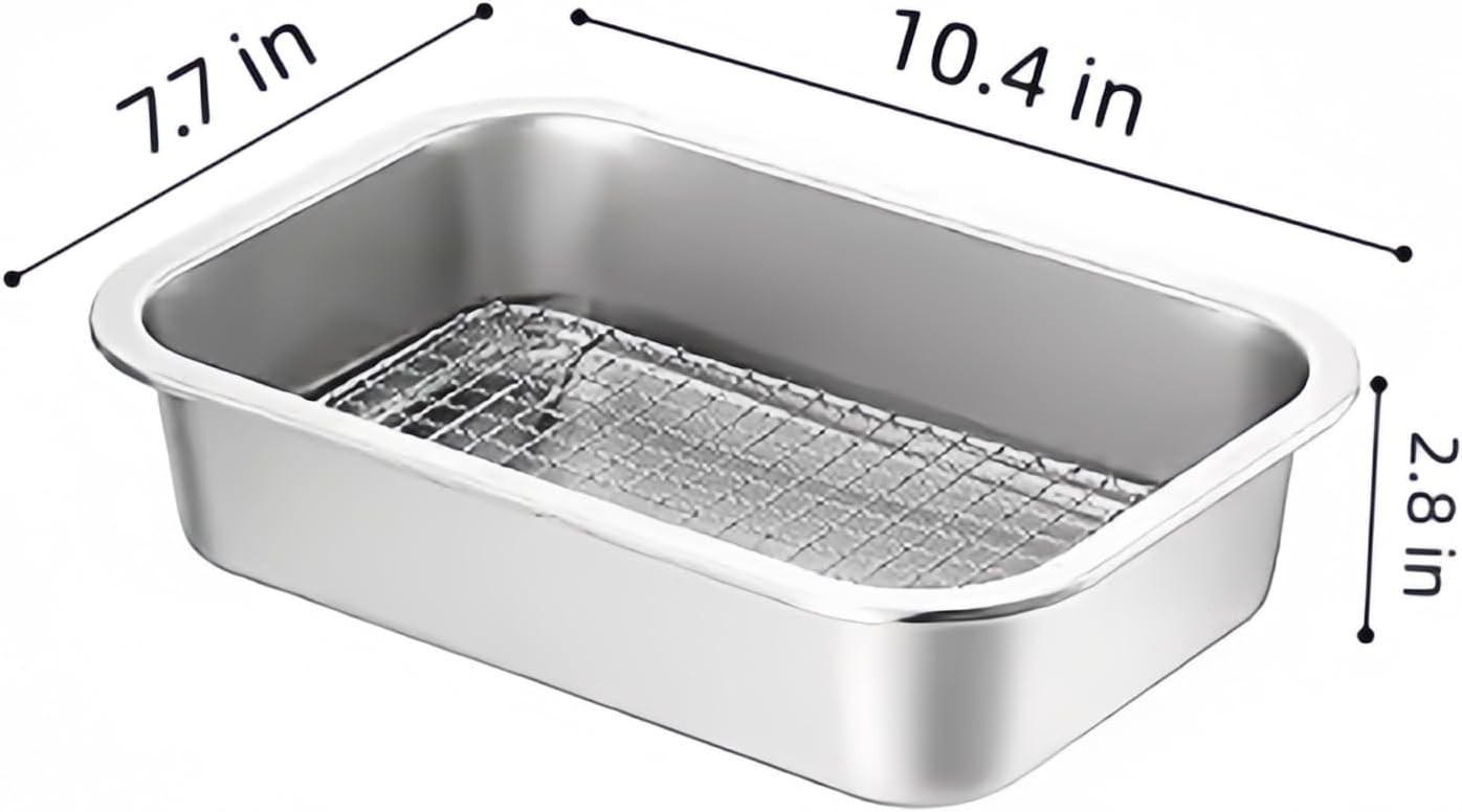 Stainless Steel Sturdy Roasting Pan with Cooling Rack – Oven, Toaster & Grill Safe, Deep Edge, Smooth Finish, Dishwasher Safe – Perfect for Turkey, Chicken, BBQ (10.4x7.7x2.8in)