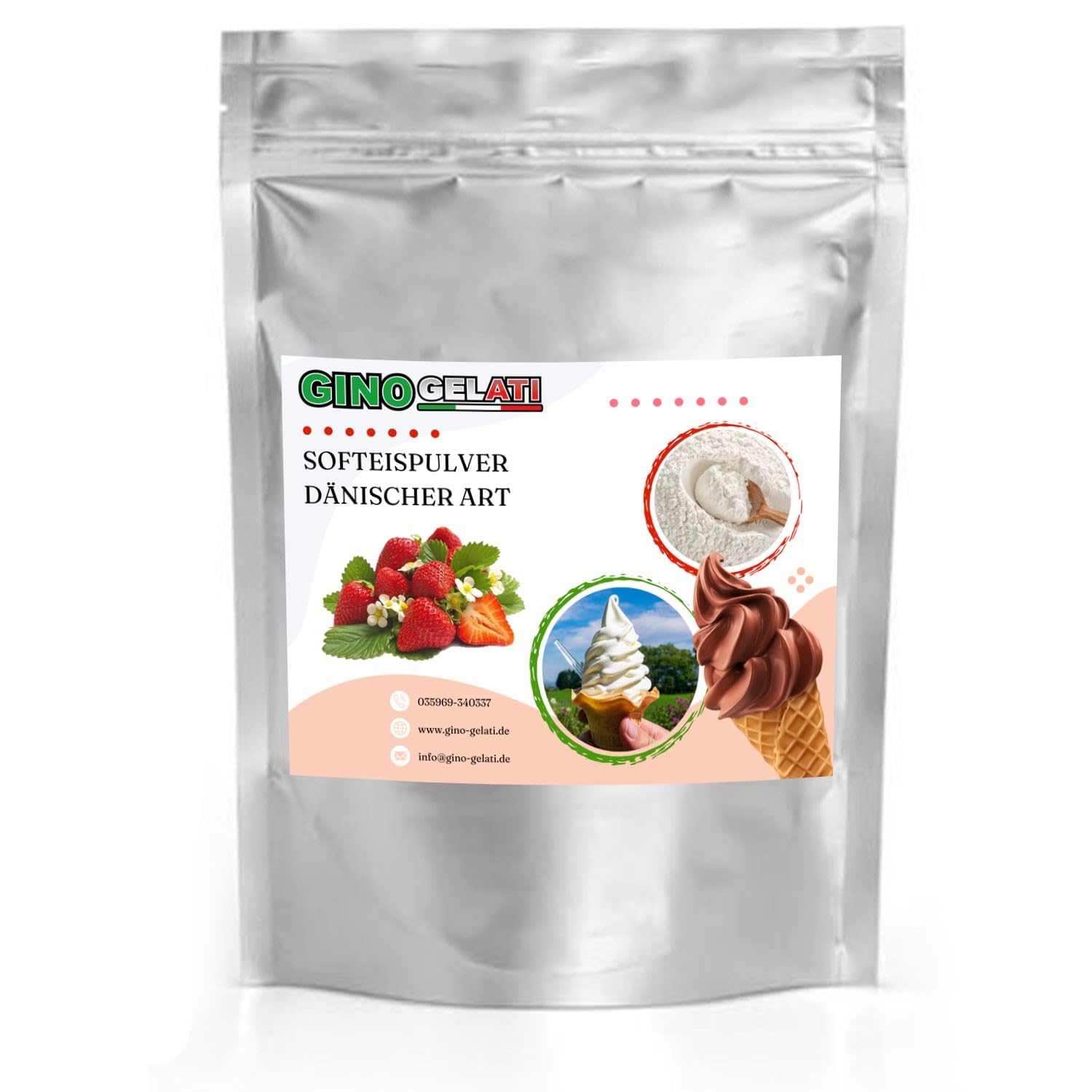 Gino Gelati Erdbeere Dänisches Softeis Pulver 1 Kg, fruchtiger Geschmack, verschiedene Geschmacksvarianten, schnell und einfach Zubereitet, Made in Germany, Eis selber machen
